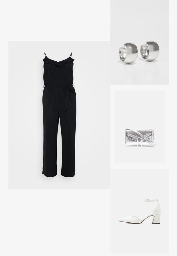 Sort jumpsuit med spaghetti-stropper, flæset halsudskæring, taljebånd og bred ben-design. Fremstillet af letvægtsstof med en glat tekstur.; Hvid spids tå sko med mellemhøj hæl, ankelrem og spænde, glat finish og blokhælkappe på en ensfarvet lys baggrund.; Sølv metallic håndtaske med to lynlåslommer, nitter og en justerbar skulderrem. Glat tekstur og et slankt design.; Uncommon Matters SCULPTURAL LARGE CREOLE - Øreringe - silver-coloured