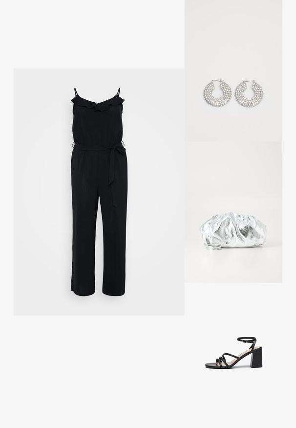Sort jumpsuit med spaghetti-stropper, flæset halsudskæring, taljebånd og bred ben-design. Fremstillet af letvægtsstof med en glat tekstur.; Sorte hæle sandaler med flere tynde stropper, firkantet tå og blokhæl, med en justerbar ankelrem. Glat lædertekstur.; Metallisk sølv clutch taske med en blød, samlet krop og en tynd skulderrem. Har en glat, skinnende overflade og rund form.; Sølvøreringe med flere klare krystaludsmykninger, med en struktureret overflade og et åbent rundt design.