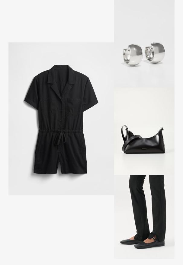 Zwarte jumpsuit met korte mouwen van lichtgewicht stof, voorzien van een kraag, knopen aan de voorkant, twee borstzakken en een verstelbare taille met trekkoord.; Benen met zwarte smalle broek met voorsplitten aan de zoom, gecombineerd met zwarte platte Mary Jane-schoenen met een klein gespje.; Zwarte leren handtas met een gladde textuur. Beschikt over een verstelbare schouderband en een strak, minimalistisch ontwerp met een ritssluiting.; Uncommon Matters SCULPTURAL LARGE CREOLE - Oorbellen - silver-coloured
