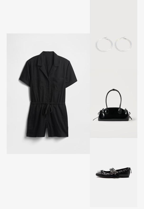Zwarte jumpsuit met korte mouwen van lichtgewicht stof, voorzien van een kraag, knopen aan de voorkant, twee borstzakken en een verstelbare taille met trekkoord.; Zwarte platte balletschoen met dubbele gespsluitingen, zilveren oogjes en een klein strikje nabij de afgeronde neus op een witte achtergrond.; Kleine zwarte glanzende handtas met twee lange hengsels en zijkant trekkoord details op een effen lichte achtergrond.; Een paar glanzende zilveren oorringen met dunne draadafsluitingen, getoond op een lichtgrijze achtergrond.