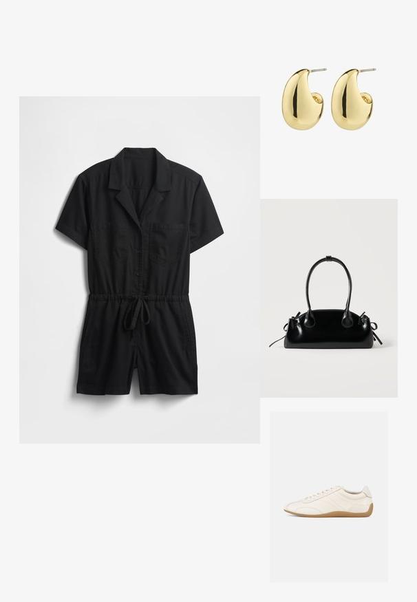 Zwarte jumpsuit met korte mouwen van lichtgewicht stof, voorzien van een kraag, knopen aan de voorkant, twee borstzakken en een verstelbare taille met trekkoord.; Witte leren sneaker met een gladde textuur, ronde neus en tonale stiksels. Voorzien van een tankleurige rubberen zool en vetersluiting.; Kleine zwarte glanzende handtas met twee lange hengsels en zijkant trekkoord details op een effen lichte achtergrond.; Gouden studs met een gladde, gepolijste afwerking, in een abstracte, druppelvorm. Eenvoudige metalen achterzijde voor bevestiging.