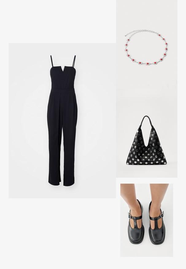 Mono negro con escote en V, tirantes finos y un corsé ajustado. El diseño de pierna ancha con pliegues añade estructura. Textura de tela suave.; Zapatos de cuero negro con diseño de correa en T, punta cerrada y detalles de hebilla plateada. Textura lisa con punta redondeada y suela plana.; Bolso de cuero negro con forma triangular, adornado con puntos metálicos plateados y un asa texturizada. Acabado suave en general.; Collar de cadena de plata con eslabones ovalados, cada uno con una piedra circular roja en el centro, dispuestos en un patrón simétrico.