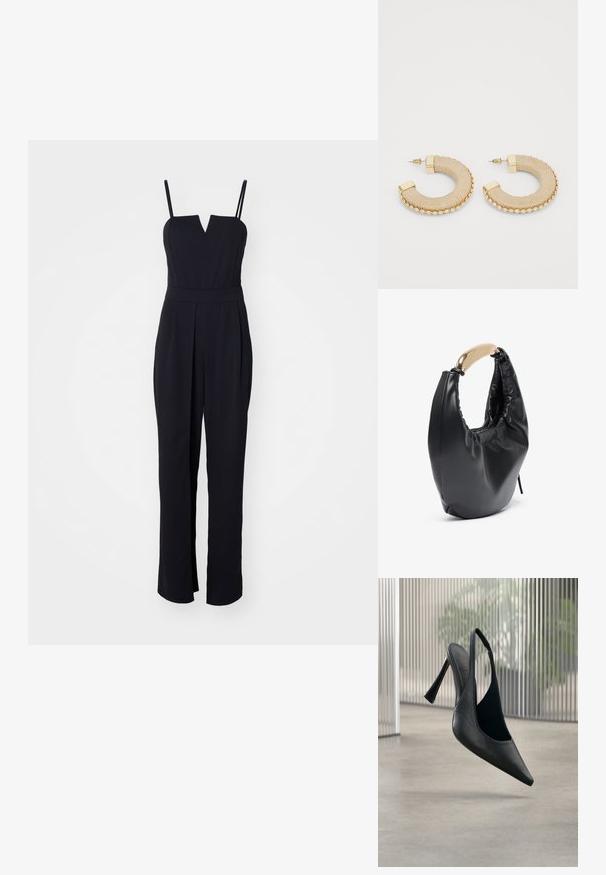 Mono negro con escote en V, tirantes finos y un corsé ajustado. El diseño de pierna ancha con pliegues añade estructura. Textura de tela suave.; Zapato de tacón stiletto con tira trasera de cuero negro y punta puntiaguda, flotando sobre un suelo de hormigón liso y fondo de panel metálico vertical.; Bolso de mano de imitación cuero negro con una silueta curva. Presenta un asa de tono dorado brillante y una textura fruncida a lo largo de la apertura superior.; Pendientes de aro tejidos en color beige con acentos de hardware dorado, presentando una superficie texturizada y forma circular, cerrados con un respaldo de botón.