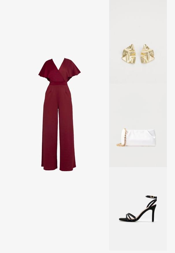 Combinaison bordeaux avec un décolleté en V profond, des manches larges et une taille cintrée. Caractéristiques d'un design à jambes larges et d'un tissu texturé.; Anna Field by Zalando Sandales - black; Pochette souple blanche avec bandoulière chaîne dorée ornée de pierres précieuses transparentes, sur fond gris clair uni.; Boucles d'oreilles en métal doré avec un design ondulé ; surface lisse et réfléchissante ; forme asymétrique ; sans motifs ni éléments visibles.