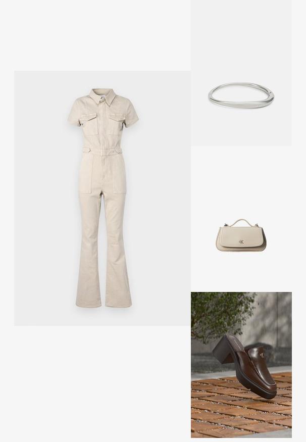 Good American FIT FOR SUCCESS BOOT - Ολόσωμη φόρμα - taupe; Καφέ δερμάτινο mule τακουνιού Calvin Klein που αιωρείται πάνω από ξύλινο πλακάκι με θολό πράσινο φυτό και φόντο τοίχου.; Μικρή μπεζ δερμάτινη τσάντα χειρός με επάνω λαβή και ασημένιο λογότυπο CK στη μπροστινή πτερύγιο, εμφανίζεται σε λευκό φόντο.; Ασημένιο μεταλλικό βραχιόλι με λείο, στρογγυλό σχέδιο. Διαθέτει λεπτή γραμμή και διακριτική χαραγή της μάρκας "Calvin Klein" στο εσωτερικό.
