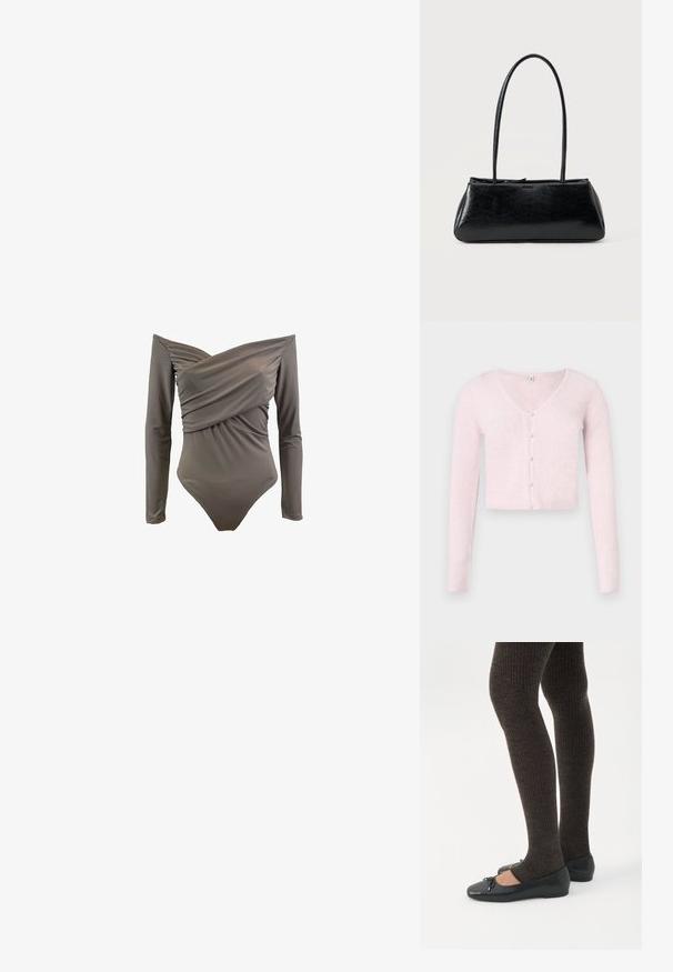 Off-shoulder ensfarvet badetøj i olivengrøn med lange ærmer, draperet front og glat, strækbart stof.; Lyserød, kort cardigan lavet af ribstrikket stof med V-udskæring, lange ærmer og perleagtige knapper foran.; Ben iført mørke ribbede leggings kombineret med sorte balletsko med små sløjfedetaljer på hvid baggrund.; Sort rektangulær skuldertaske med lange tynde stropper og en glat, blank tekstur på en ensfarvet baggrund.