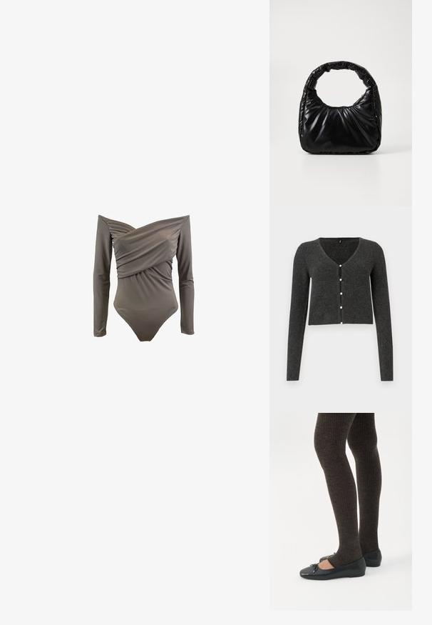 Off-shoulder ensfarvet badetøj i olivengrøn med lange ærmer, draperet front og glat, strækbart stof.; Mørkegrå ribbet cardigan med lange ærmer, V-udskæring og seks dekorative perleknapper foran. Croppet længde.; Ben iført mørke ribbede leggings kombineret med sorte balletsko med små sløjfedetaljer på hvid baggrund.; Sort polstret håndtaske med et rundt håndtag, der har en glat, skinnende overflade og en blød, kviltet tekstur. Ingen synlige hardware eller accenter.