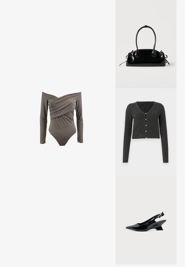 Off-shoulder ensfarvet badetøj i olivengrøn med lange ærmer, draperet front og glat, strækbart stof.; Mørkegrå ribbet cardigan med lange ærmer, V-udskæring og seks dekorative perleknapper foran. Croppet længde.; Sort laklæder slingback sko med spids tå og lav vinklet blokhæl på ensartet lys baggrund.; Lille sort blank håndtaske med to lange håndtag og snøre-detaljer i siden på en ensfarvet lys baggrund.