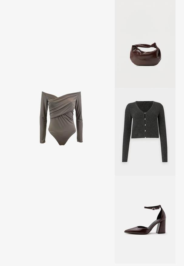 Off-shoulder ensfarvet badetøj i olivengrøn med lange ærmer, draperet front og glat, strækbart stof.; Mørkegrå ribbet cardigan med lange ærmer, V-udskæring og seks dekorative perleknapper foran. Croppet længde.; Mørkebrunt læder pumps med spids tå, høj hæl, ankelrem og sølvspænde på hvid baggrund.; Mørkebrun læder skuldertaske med en blød, afslappet form og et snoet knudehåndtag på en ensartet hvid baggrund.