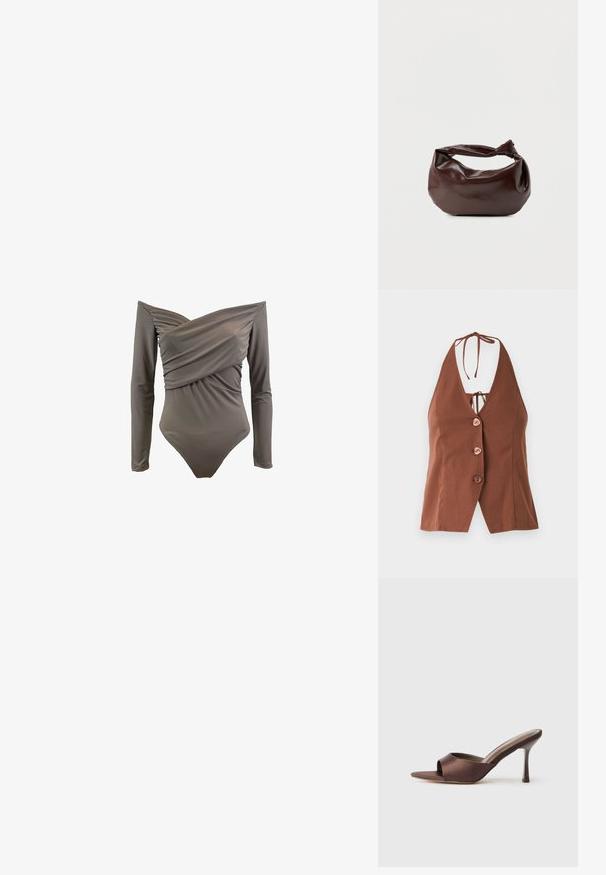 Ολόσωμο μαγιό off-the-shoulder σε ελιά, με μακριά μανίκια, ραμμένο μπροστά και λείο, ελαστικό ύφασμα.; Καφέ μπλούζα τύπου halter με βαθύ V-λαιμό, διαθέτει τέσσερα ροζ κουμπιά και κλείσιμο με κορδόνι στον λαιμό. Ομαλή ύφανση με εφαρμοστό σχήμα.; Καφέ σατέν μούλε με ανοιχτή μύτη, με μεσαίο ψηλό λεπτό τακούνι και σχέδιο χωρίς κούμπωμα σε λευκό φόντο.; Σκούρα καφέ δερμάτινη τσάντα ώμου με μαλακό, χαλαρό σχήμα και λαβή με στριμμένο κόμπο σε απλό λευκό φόντο.