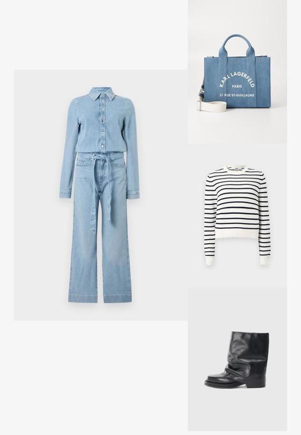 Combinaison en denim bleu clair à manches longues, fermeture boutonnée sur le devant, col pointu, jambes larges, et ceinture en tissu assorti nouée à la taille.; Pull crochet avec des rayures horizontales blanches et bleu marine. Encolure ronde, manches longues et détail à bord festonné.; Bottine en cuir noir avec un design décontracté, bout carré, petit talon et texture lisse. Style minimaliste sans éléments matériels visibles.; Sac en denim de couleur bleu clair avec deux poignées supérieures et une bandoulière amovible. Présente du texte blanc : "KARL LAGERFELD PARIS 21 RUE ST-GUILLAUME."