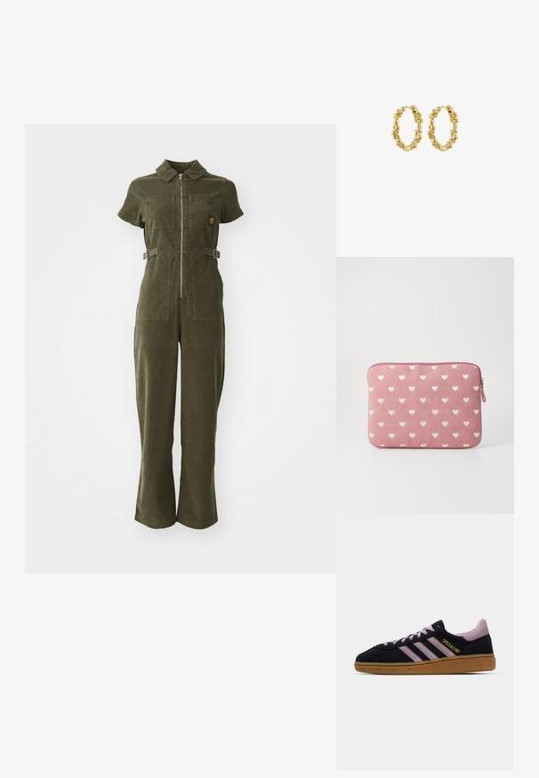 Olivengrøn kordfløjl jumpsuit med lynlås foran, korte ærmer, to brystlommer og justerbare sidebånd. Bukser med flared ben.; Sort og pink ruskinds-sneakers med gummisål, tre pink striber, gyldent "SPEZIAL" branding og tekstureret gummisål. Lavt design.; Lyserød laptop-sleeve med lynlås og et tekstureret stribet mønster, prydet med små hvide hjerteformer, der er jævnt fordelt over overfladen.; Guld hoops øreringe med et tekstureret design og små runde perler langs den ydre kant. Cirkulær form med en sikker lås.