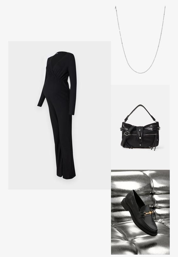 ONLY MATERNITY OLMLITA EMMA - Ολόσωμη φόρμα - black; Μαύρο δερμάτινο λουστρίνι με λεπτομέρεια χρυσής απόχρωσης. Το παπούτσι διαθέτει κομψό σχέδιο και λεία, γυαλιστερή υφή.; Even&Odd H24462 - Τσάντα χειρός - black; Ασημένια αλυσίδα κολιέ με εναλλασσόμενους επίπεδους ορθογώνιους και στρογγυλούς συνδέσμους, με κομψό, γυαλισμένο φινίρισμα και λεία υφή.