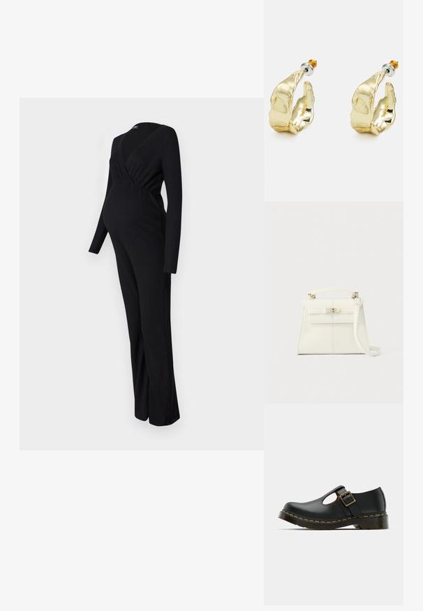 ONLY MATERNITY OLMLITA EMMA - Lühikeste varrukatega bodi - black; Must mustad jalan выполненный черным кожу с округлым носком, застежкой на щиколотке и пряжкой, низким каблуком и желтой строчкой по периметру подошвы. Гладкая текстура по всей поверхности.; Valge nahast käekott struktureeritud kujuga, ülemise käepidemega, eemaldatava õlarihma ja hõbedase lukk-kinnitusega. Sile tekstuur, minimalistlik disain.; Kuldtooni kõrvarõngad, mis on kujundatud abstraktsete käteks, omavad läiketöödeldud pinda, keerukaid detaile ning hõbe- ja kuldpostit, mis tagab kindla kinnituse.