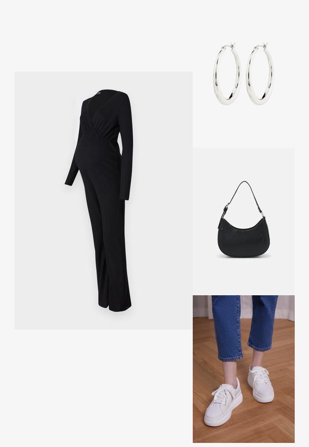 ONLY MATERNITY OLMLITA EMMA - Buksedragter - black; Ben iført cropped blå jeans og hvide snørebånds-plateausneakers, stående på lyst trægulv.; Sort hobo taske lavet af glat læder med en buet silhuet, der har en enkelt justerbar skulderrem og minimalistiske designdetaljer.; Sølvøreringe i form af hoops med en glat, blank finish. Cirkulær form, der har en sikker lås. Simpelt og elegant design.