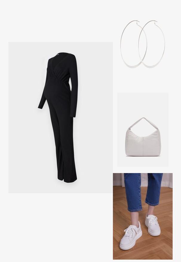 ONLY MATERNITY OLMLITA EMMA - Buksedragter - black; Ben iført cropped blå jeans og hvide snørebånds-plateausneakers, stående på lyst trægulv.; Lys grå polstret skuldertaske med en buet form, der har en enkelt håndtag og en glat, textured overflade. Simpelt design uden yderligere hardware.; Sølv hoops øreringe med et tyndt, glat design; langstrakt oval form; poleret finish; har en sikker krog lukning.