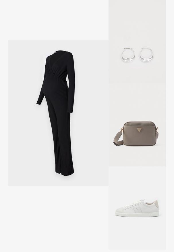 ONLY MATERNITY OLMLITA EMMA - Buksedragter - black; Hvide lædersneakers med en glat overflade, rund tå, flade snørebånd og en beige læderhælflap. Tekstureret indre og minimalistisk design.; Grå crossbodytaske i imiteret læder med guldfarvet trekantet logo, rektangulært design, lynlåslukning og justerbar rem. Glat tekstur.; Sølv hoops øreringe med en poleret overflade og DKNY branding, præsenteret mod en simpel hvid baggrund.