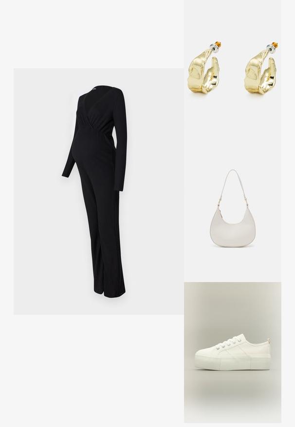 ONLY MATERNITY OLMLITA EMMA - Buksedragter - black; Hvid platform sneaker med tyk struktureret sål, snørelukning foran og subtile syningsdetaljer på en neutral baggrund.; Cremefarvet læder skuldertaske med en halvmåneform, tynd rem og diskrete syninger. Minimalistisk design med hardware-accenter i guldton.; Guldtonede øreringe formet som abstrakte hænder, med en skinnende overflade, intrikate detaljer og en sølv- og guldfarvet post til sikker fastgørelse.