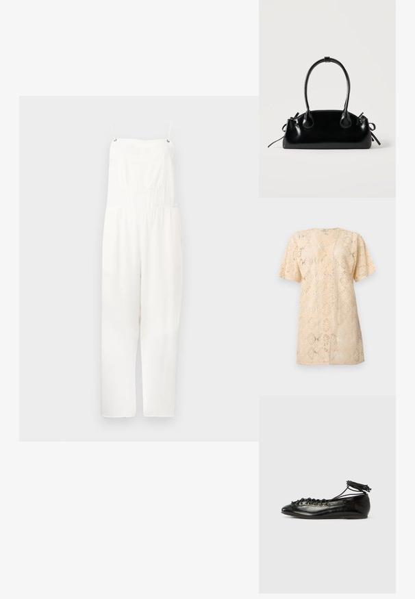 Combinaison blanche sans manches avec fines bretelles, encolure carrée, poche poitrine avant et pantalon à jambes larges.; Cardigan en dentelle beige à manches courtes avec ouverture devant, motif floral complexe et coupe légèrement ample.; Ballerines en cuir verni noir avec un bout rond, un design à lacets et une semelle plate. Texture lisse avec peu de détails.; Petit sac à main noir brillant avec deux longues anses et des détails à cordon sur les côtés sur un fond clair uni.