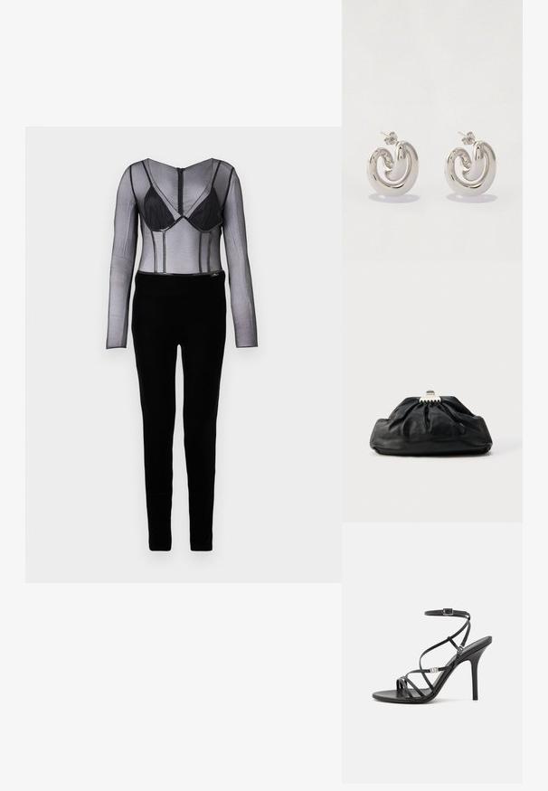 Sort mesh bodysuit med lange ærmer, lagd over en sort elegant bund. Bemærkelsesværdige underwire-detaljer og lynlås lukning bagpå.; Sort højhælet sandal med tynde stropper, en ankelspænde, en glat læderoverflade og en slank stilethæl.; Sort læderclutch med en samlet tekstur, metal lukning og diskret præget logo på forsiden. Rundet form.; Sølv metaløreringe med et svunget design, der har glatte overflader og en poleret finish, sikret med en sommerfugleklips.