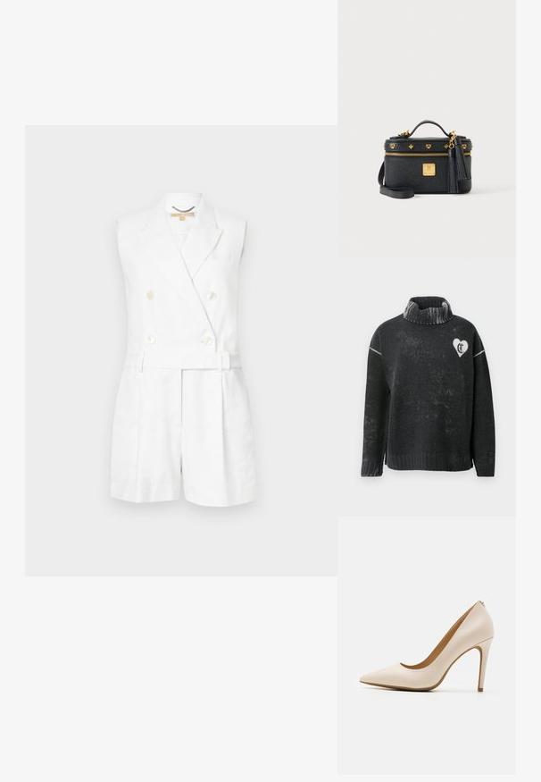 Combinaison sans manches blanche avec un design croisé, de grands boutons et une taille ceinturée, de style court taillé avec des lignes épurées.; Pull noir à col montant, orné d'un design en forme de cœur blanc et de lettres sur la poitrine. Confectionné dans un matériau doux avec une finition texturée.; Escarpin beige à talon haut, à bout pointu, finition en cuir lisse, talon stiletto mince, design minimaliste avec un détail arrière subtil.; Sac à main en cuir noir texturé avec fermeture éclair dorée, clous avec logo, pampilles, poignée supérieure et bandoulière amovible sur fond gris uni.