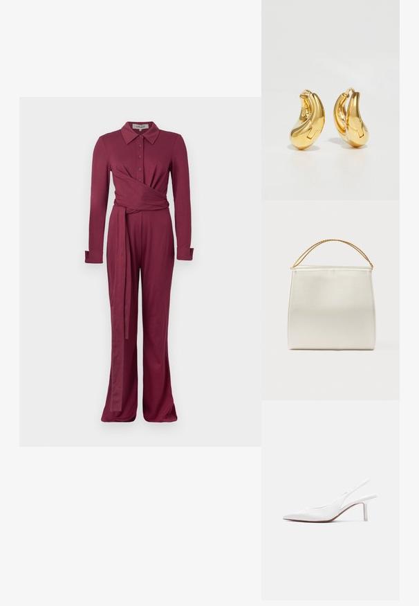 Bordeaux farvet jumpsuit med lange ærmer, krave, knaplukning, omslagdesign og vide ben. Blødt, struktureret materiale.; Hvid læder slingback damesko med spids tå, lav kittenhæl og lille dekorativ sløjfe på toppen, vist i sideprofil.; Struktureret taske i satinfinish, cremefarvet, med en kæde til skulderrem. Har en flad, glat tekstur og rene syninger.; Guldringeøreringe med en glat, buet form og poleret overflade. Udstyret med en lukkeanordning og lette fordybninger for detaljer.