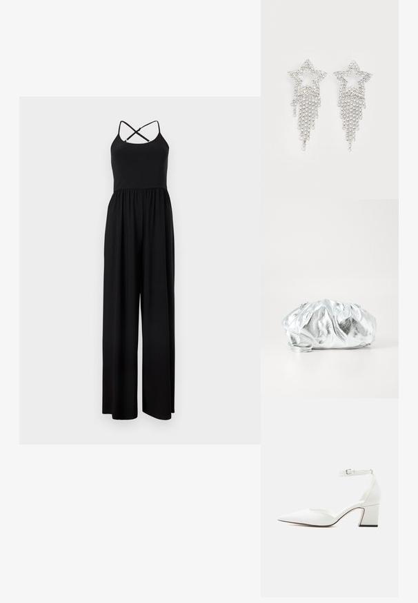 Combinaison noire sans manches avec bretelles spaghetti croisées dans le dos et pantalon à jambes larges, présentée sur un fond uni.; Chaussure blanche à bout pointu, talon moyen, bride à la cheville avec boucle, finition lisse, et talon bloc sur un fond clair uni.; Pochette argent métallique avec un corps doux et froncé et une fine bandoulière. Présente une texture lisse et brillante ainsi qu'une forme arrondie.; Boucles d'oreilles en strass en forme d'étoile avec des détails de franges en cascade, présentant une teinte argentée et une surface brillante et réfléchissante. Forme d'étoile avec un design complexe.