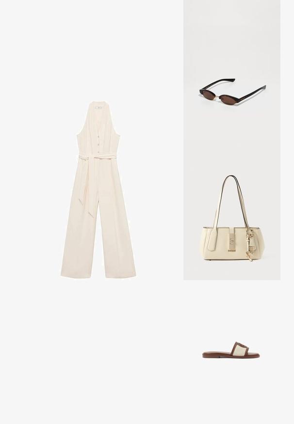 Crème jumpsuit met een diepe V-hals, knoopsluiting, wijd uitlopende pijpen en een bijpassende tailleband voor een getailleerde silhout.; Bruine leren instapsandaal met een beige geweven bovenwerk, platte zool en een ronde neus. Het ontwerp heeft een logo-accent op de band.; Ovale bruine zonnebril met donkere schildpadpatroon monturen en gouden "McQueen" branding op de armen, rustend op een witte ondergrond.; Crèmekleurige handtas met een gestructureerde vorm, gladde textuur, dubbele riemen, gouden beslag en een decoratief sleutelhanger-accent.
