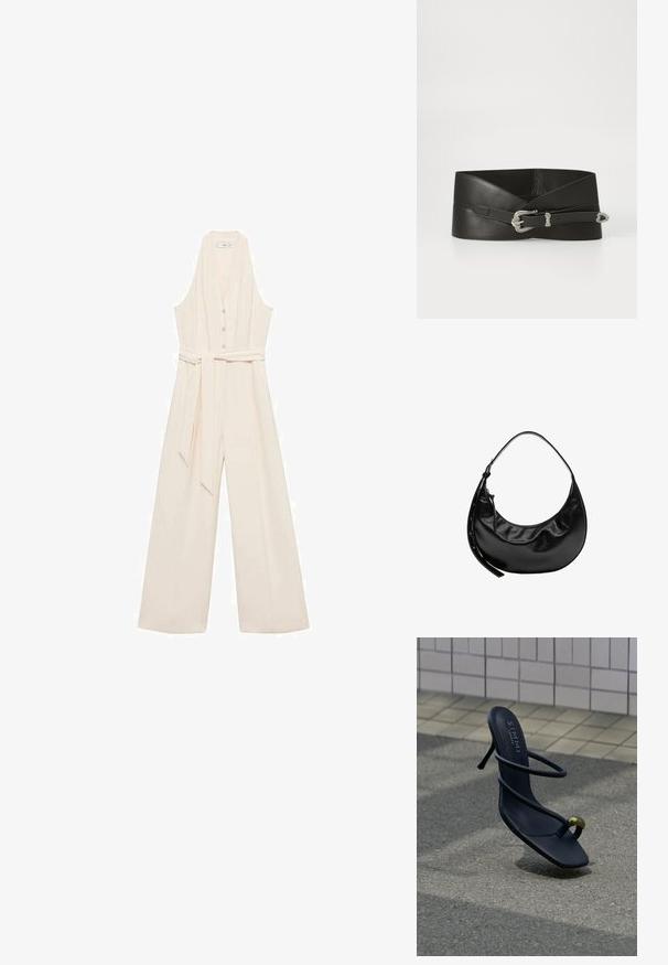 Cremefarvet jumpsuit med dyb V-udskæring, knaplukning foran, brede ben og et matchende taljebælte for en skræddersyet silhuet.; Sort hæl-sandal med stropper og tå-ring med en guldkugle, svævende over tekstureret fortov og flisebelagt væg i baggrunden.; Sort halvmåneformet læderhåndtaske med kort rem og lynlåslukning med læder trækflig på siden.; Sort læderbælte med et bredt design. Har en dekorativ sølvspænde og en textured overflade. Justerbar længde med en simpel lukning.