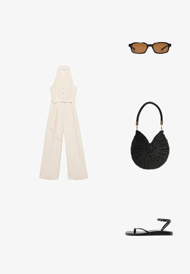 Cremefarvet jumpsuit med dyb V-udskæring, knaplukning foran, brede ben og et matchende taljebælte for en skræddersyet silhuet.; Sort flad sandal med tynde remme, tåloop og anklerem med en lille rund spænde, vist i sideprofil.; Sorte rektangulære solbriller med tykke stel og brune tonede linser, vist forfra på en hvid baggrund.; Sort vævet rund håndtaske med flettet mønster og enkelt flettet håndtag fastgjort med gyldne metalkringle.