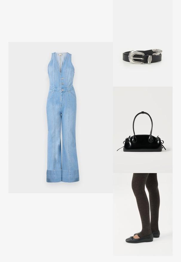 Heledad helesinine teksajumpsuit, sügava V-kaelusega, ilma varrukateta kujundus, nööbiga kinnitamine, kinnitatud talje ja laiad püksid, mille ääres on detailid.; Jalad seljas tumedad soonelises soonelises kombines mustade baleriinadega, millel on väikesed paelade detailid valgel taustal.; Väike must läikiv käekott kahe pika sangaga ja külgedel paelakinnitustega, ühel lihtsal helel taustal.; Must värviline nahkvöö, millel on suur hõbedane metallist pandla, mis on rikkaliku detailiga ja dekoratiivsete aktsentidega mõlemal pool.