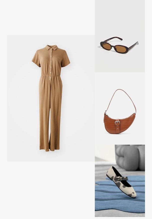 Une combinaison en kaki à côtes avec des manches courtes, un devant boutonné, un col, une taille élastique et des jambes larges. Le tissu a une finition texturée.; Chaussure plate beige avec des taches noires et des sangles à double boucle reposant sur un tapis bleu texturé.; Lunettes de soleil ovales en écaille avec des verres teintés marron et des branches fines reposant sur une surface blanche.; Vero Moda VMKYRA SHOULDER BAG - Sac à main - cognac