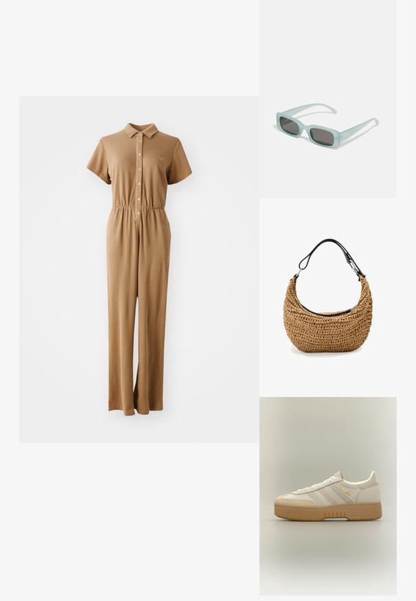 Une combinaison en kaki à côtes avec des manches courtes, un devant boutonné, un col, une taille élastique et des jambes larges. Le tissu a une finition texturée.; Baskets Adidas crème et beige avec semelle en gomme, trois bandes sur le côté et "SPECIAL" écrit en or près des lacets.; Une paire de lunettes de soleil rectangulaires avec des montures translucides bleu clair et des verres gris foncé, présentant des branches droites et des détails matériels minimaux.; Sac à main en paille tissée beige à silhouette courbée, doté d'une bandoulière en cuir noir et d'accents métalliques argentés. Finition texturée.