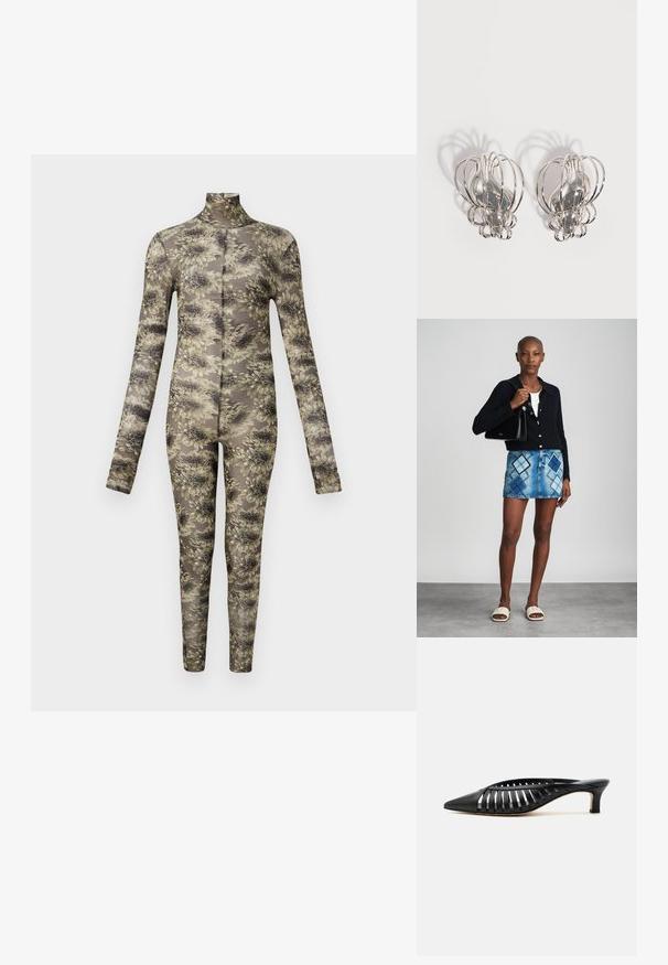 Langsleeve, aansluitende body in transparant materiaal met een bloemenpatroon in beige en donkere tinten, met een hoge hals en lange benen.; Zwarte leren mule met puntige neus, riemdesign met uitsnijdingen en lage kittenhiel op een witte achtergrond.; Zwarte gebreide cardigan, witte top, denimrok met blauw en zwart ruitpatroon, zwarte handtas en beige instapsandalen.; Een paar zilveren metalen oorbellen met een open draadkooi-ontwerp en gladde centrale ovale vormen die gebogen schaduwen werpen op een witte achtergrond.