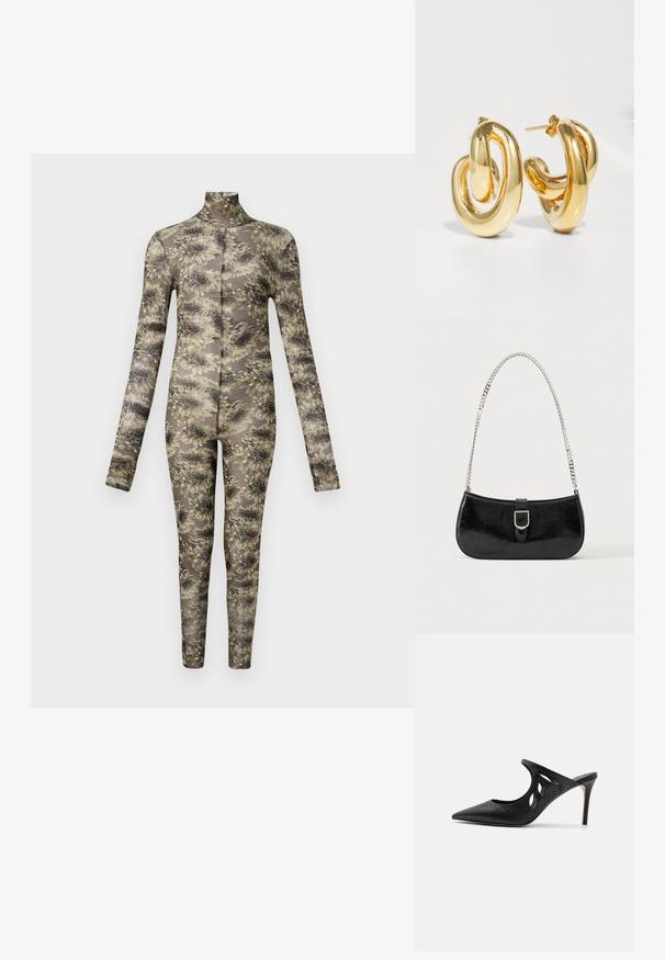 Langærmet, tætsiddende bodysuit i gennemsigtigt stof med et blomstermønster i beige og mørke nuancer, der har høj hals og lange ben.; Sorte læder højhælede mules med spids tå, udskåret sideskærm og glat tekstur. Stiletthæl og subtil syning.; Sort skuldertaske i laklæder med sølv spænde og sølv kæderem, vist mod en ensartet lys baggrund.; Charlotte Chesnais BO INITIAL BLOW - Øreringe - gold-coloured