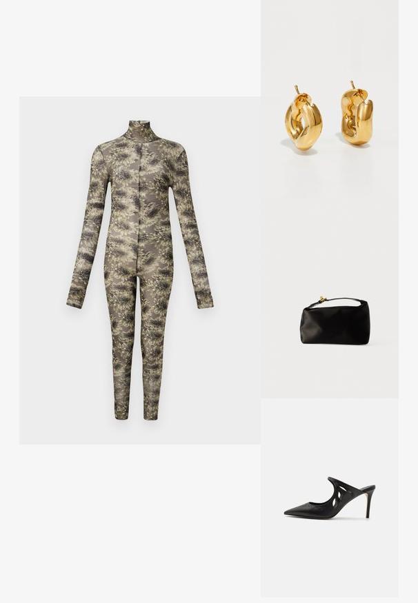 Langærmet, tætsiddende bodysuit i gennemsigtigt stof med et blomstermønster i beige og mørke nuancer, der har høj hals og lange ben.; Sorte læder højhælede mules med spids tå, udskåret sideskærm og glat tekstur. Stiletthæl og subtil syning.; Sort satinpung med en afrundet form, et håndtag i toppen og en guldaccentlås. Glat tekstur med et minimalistisk design.; Chunky guld hoop øreringe med et let snoet, rørformet design og postsystem bagpå, på en hvid baggrund.