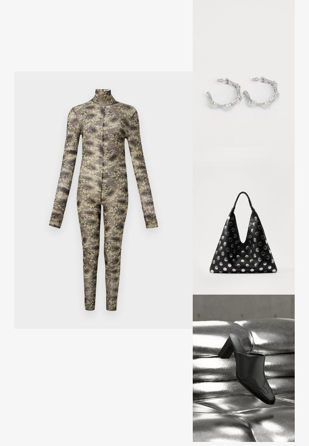 Langærmet, tætsiddende bodysuit i gennemsigtigt stof med et blomstermønster i beige og mørke nuancer, der har høj hals og lange ben.; Sort lædermule med blokhæl hvilende på en skinnende sølvpolstret overflade, der fremhæver dens elegante design og buede detaljer.; Sort lædertaske med en trekantet form, udstyret med sølvfarvede metallic prikker og et tekstureret håndtag. Generelt glat finish.; Sølv hoops øreringe med en struktureret, klumpet design. Fremstillet af metal, med en sikker stiftlås og en poleret overflade.