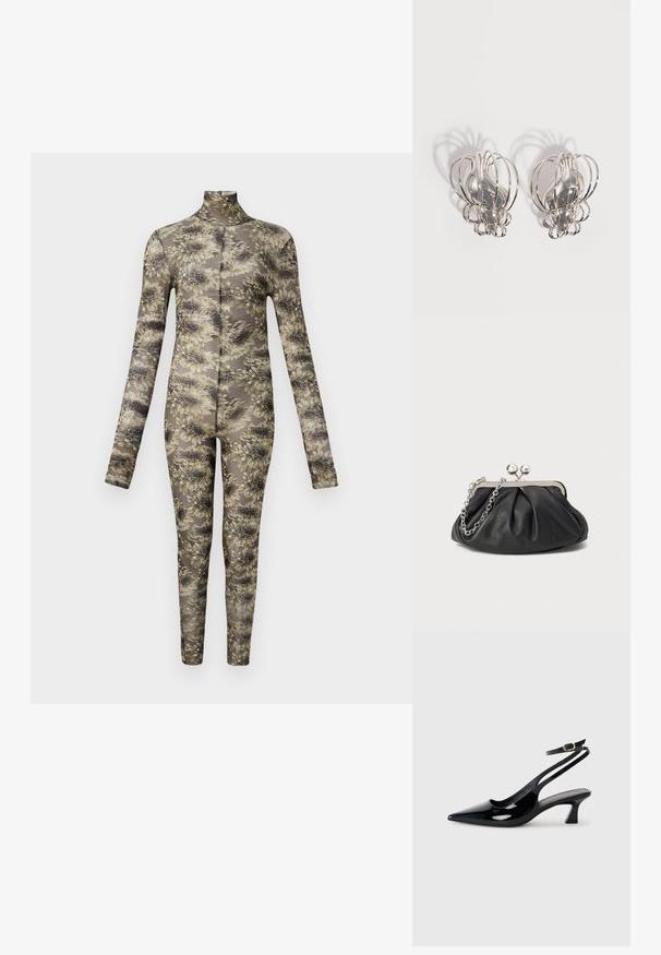Langsleeve, aansluitende body in transparant materiaal met een bloemenpatroon in beige en donkere tinten, met een hoge hals en lange benen.; Zwarte gepatineerde leren slingback hakken met een puntige neus, lage blokhak en een verstelbare enkelband met een gouden gespsluiting.; Zwarte leren clutch met geplooide textuur, zilverkleurig metalen frame, drukknopsluiting en kettingriem. Glad, zacht oppervlak.; Een paar zilveren metalen oorbellen met een open draadkooi-ontwerp en gladde centrale ovale vormen die gebogen schaduwen werpen op een witte achtergrond.