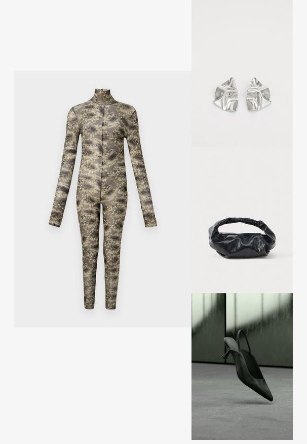Langsleeve, aansluitende body in transparant materiaal met een bloemenpatroon in beige en donkere tinten, met een hoge hals en lange benen.; Zwarte leren slingback pumps met hoge hak en spits toelopende neus zwevend boven een grijs tapijtvloer, wazige groenachtige muur op de achtergrond.; Zwarte tas van glanzend, textuur materiaal met een ronde, gedraaide handgreep en een ritsluiting. Heeft een zacht, gekreukt ontwerp.; Zilveren metalen oorbellen met een golvend, sculpturaal ontwerp, voorzien van een gepolijste afwerking en onregelmatige vormen, die een hedendaagse esthetiek benadrukken.