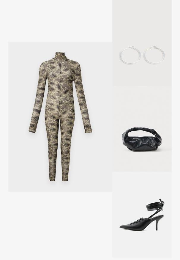 Langærmet, tætsiddende bodysuit i gennemsigtigt stof med et blomstermønster i beige og mørke nuancer, der har høj hals og lange ben.; Sort spids sko med høje hæle, snørelukning foran og omlægning omkring anklerne bundet med sløjfe, vist fra siden på hvid baggrund.; Sort taske lavet af blankt, tekstureret materiale med et cirkulært, snoet håndtag og lynlås. Har et blødt, rynket design.; Par skinnende sølvøreringe med tynde trådlåse, vist på en lys grå baggrund.