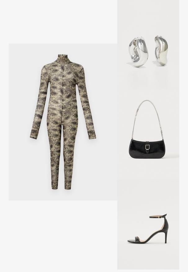 Langærmet, tætsiddende bodysuit i gennemsigtigt stof med et blomstermønster i beige og mørke nuancer, der har høj hals og lange ben.; Sort læder højhælede sandaler med ankelrem. Har en glat tekstur, åben tå og en tynd hæl. Guldtonet spænde detalje.; Sort skuldertaske i laklæder med sølv spænde og sølv kæderem, vist mod en ensartet lys baggrund.; Sølvskulpturelle øreringe med glatte, buede former og reflekterende overflader. Har et lukket hoop-design og en markant organisk form.