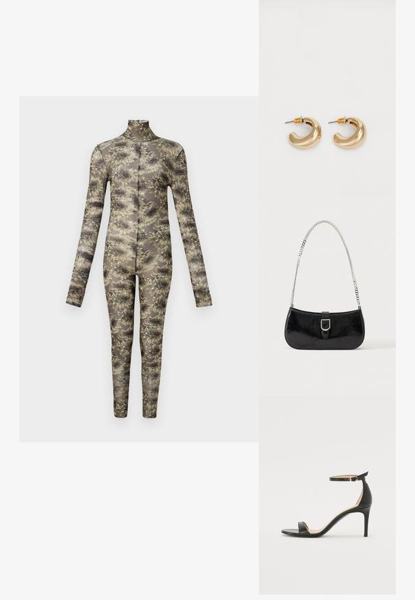 Langsleeve, aansluitende body in transparant materiaal met een bloemenpatroon in beige en donkere tinten, met een hoge hals en lange benen.; Zwarte leren hoge hak sandaal met enkelbandje. Heeft een gladde textuur, open teen en een dunne hak. Gouden gesp detail.; Zwarte lakleren schoudertas met een zilveren gespdetail en een zilveren kettingriem, getoond tegen een effen lichte achtergrond.; Twee glanzende gouden hoepel oorbellen in een gebogen ontwerp, met oranje accenten bij de oorpost, tegen een eenvoudige witte achtergrond.