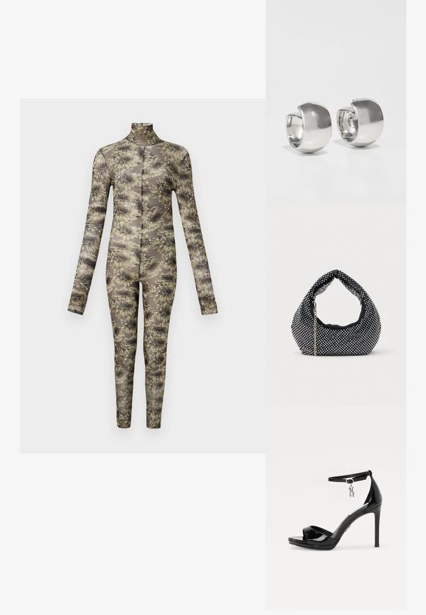 Langærmet, tætsiddende bodysuit i gennemsigtigt stof med et blomstermønster i beige og mørke nuancer, der har høj hals og lange ben.; Sorte lakerede højhælede sandaler med åben tå, ankelrem og et sølvcharme som accent. Har et slankt, moderne design.; Sort mesh håndtaske prydet med sølvnitter, udstyret med et buet håndtag og en kædetraspe. Blød tekstur med en rund form.; Uncommon Matters SCULPTURAL LARGE CREOLE - Øreringe - silver-coloured