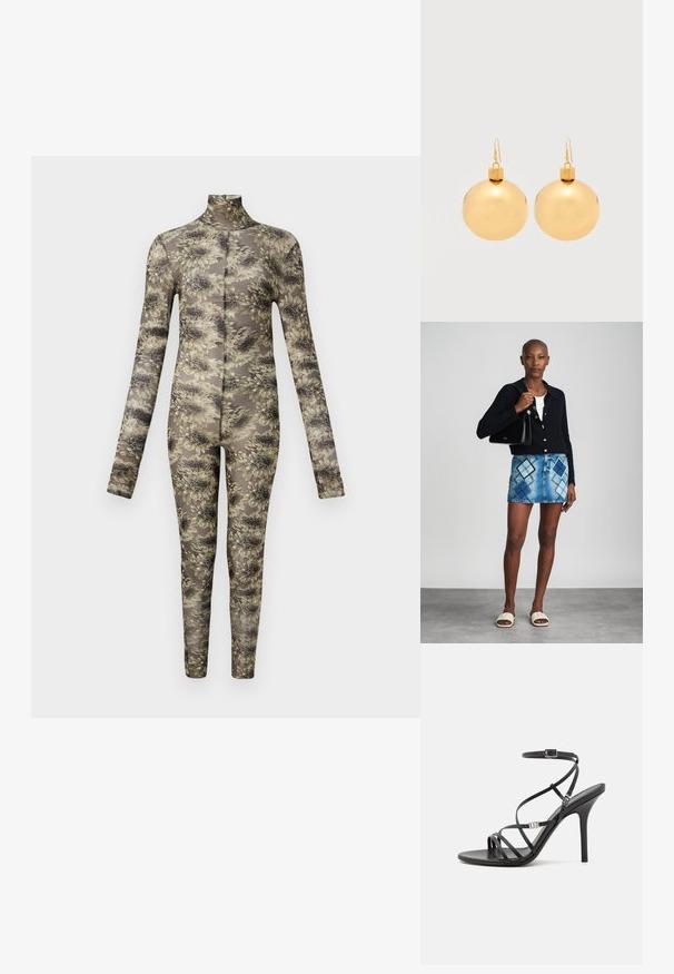 Langärmliger, taillierter Body aus transparentem Stoff mit floralem Muster in Beige- und dunklen Tönen, ausgestattet mit einem hohen Kragen und langen Beinen.; Schwarze High-Heel-Sandale mit dünnen Riemen, einem Knöchelverschluss, einer glatten Lederoberfläche und einem schlanken Stiletto-Absatz.; Schwarze Strickjacke, weißes Oberteil, Jeansrock mit blauem und schwarzem Diamantenmuster, schwarze Handtasche und beige Rutschsandalen.; Paar glänzende goldene Weihnachtskugel-Ohrringe mit Hakenverschlüssen auf einfachem weißem Hintergrund.