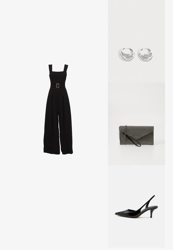 Combinaison noire à jambes larges avec un décolleté carré, des bretelles réglables, une taille ceinturée avec une boucle rectangulaire et des détails plissés à l'avant.; Chaussure slingback en cuir verni noir avec talon kitten, bout pointu et talon bas et fin sur fond blanc.; Pochette en métal gris avec un motif en maille texturé, design en enveloppe, bandoulière en chaîne et une fine sangle de poignet élégante.; Paire de boucles d'oreilles anneaux en argent poli avec un design de barre incurvée superposée sur un fond clair uni.