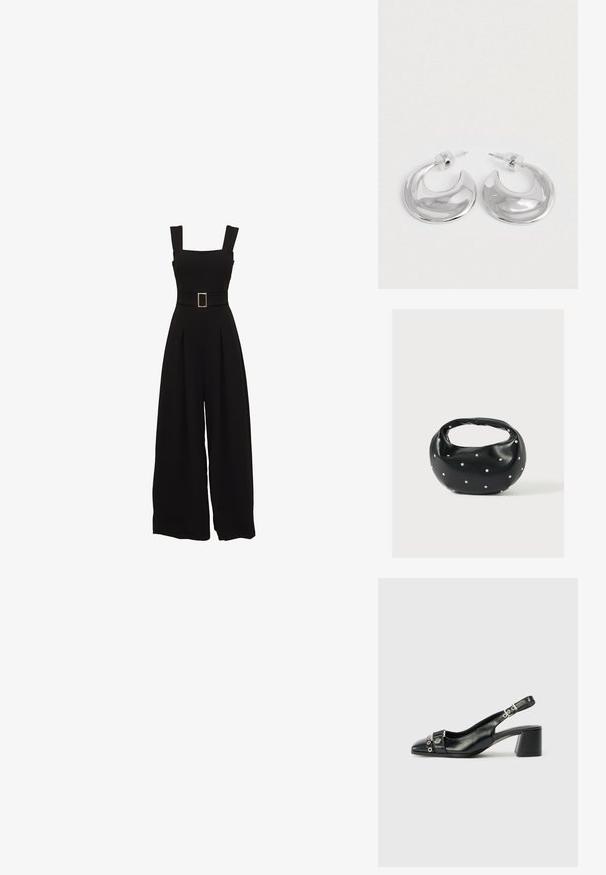 Schwarzer Jumpsuit mit weitem Bein, quadratischem Ausschnitt, verstellbaren Trägern, einem taillierten Gürtel mit rechteckiger Schnalle und plissierten Details vorne.; Schwarze Leder-Slingback-Pumps mit spitzem Vorderteil, strukturiertem Riemen mit runden metallischen Akzenten und gestapeltem Blockabsatz.; Schwarze Lederhandtasche mit abgerundeter Form, verziert mit silbernen Nietenakzenten und kurzem Griff. Glatte Struktur und Reißverschlussverschluss.; Ein Paar polierte silberne, halbmondförmige Creolen mit klaren Kunststoffrückseiten auf einer weißen Oberfläche.