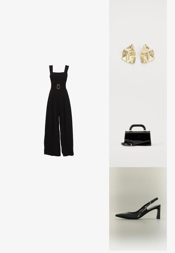 Combinaison noire à jambes larges avec un décolleté carré, des bretelles réglables, une taille ceinturée avec une boucle rectangulaire et des détails plissés à l'avant.; Escarpin slingback en cuir verni noir, bout pointu, talon bloc de hauteur moyenne et bride ajustable avec boucle.; Sac à main rectangulaire noir brillant avec poignée supérieure, ferrures dorées et bandoulière amovible, posé sur un fond clair uni.; Boucles d'oreilles en métal doré avec un design ondulé ; surface lisse et réfléchissante ; forme asymétrique ; sans motifs ni éléments visibles.