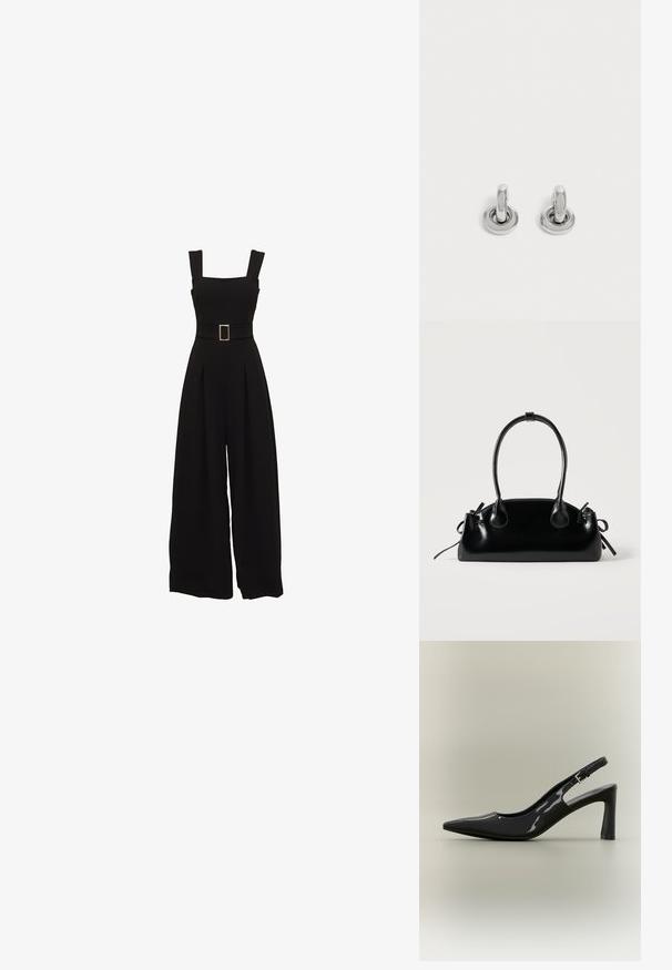 Sort jumpsuit med vide ben, firkantet udskæring, justerbare stropper, talje med bælte og rektangulær spænde samt plisserede detaljer foran.; Sort laklæder slingback pumpt med spids tå, blokhæl i mellemstørrelse og justerbar spænde.; Lille sort blank håndtaske med to lange håndtag og snøre-detaljer i siden på en ensfarvet lys baggrund.; Par små, skinnende sølv hoops med rund base, vist på en ensfarvet lys baggrund.
