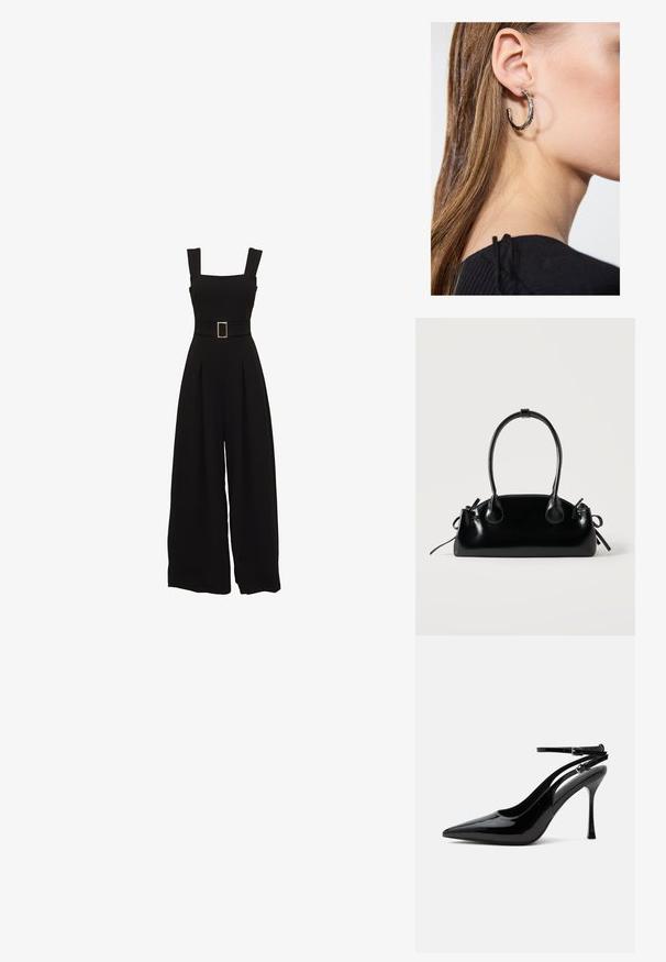 Sort jumpsuit med vide ben, firkantet udskæring, justerbare stropper, talje med bælte og rektangulær spænde samt plisserede detaljer foran.; Sort laklæder sandaletter med høje hæle, spids tå og dobbelte ankelstropper med sølvspænder.; Lille sort blank håndtaske med to lange håndtag og snøre-detaljer i siden på en ensfarvet lys baggrund.; Sølv hoop ørestik med en poleret overflade, prydet med små guld accenter og en rund form, båret på øreflippen.