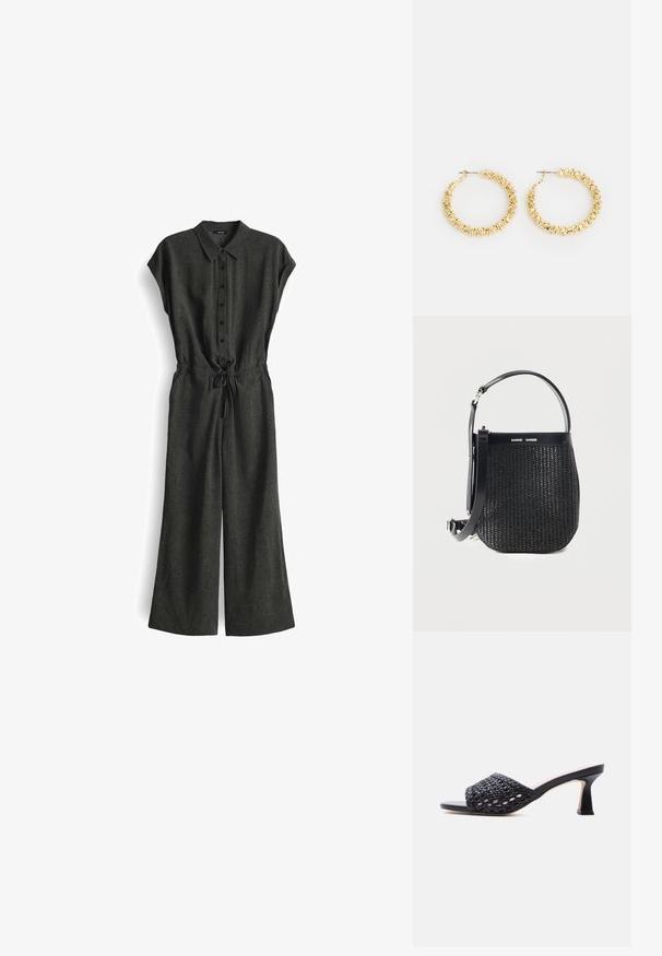 Zwart en groen gestippeld jumpsuit met kraag, korte mouwen, knoopsluiting aan de voorkant, verstelbare taille met trekkoord en wijd uitlopende pijpen.; Zwarte open-teen mule met geweven leren bovenwerk en slanke, middelhoge hak op een eenvoudige lichte achtergrond.; Zwarte geweven handtas met afgeronde bodem, leren afwerking, verstelbare schouderriem en Samsøe Samsøe merklogo op de bovenste band.; Gouden hoepeloorbelletjes met een gestructureerd oppervlak en kleine, ronde accenten. Ronde vorm en sluiting met een pin.